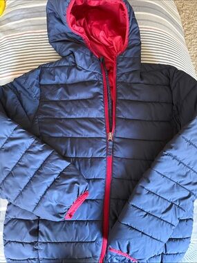 Sequoia Navy Puffer Jacket with Pink Trim and Hood Lining